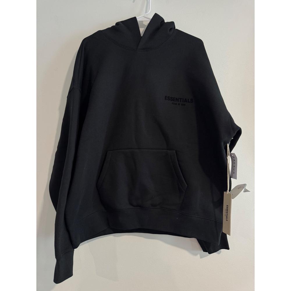Fear of God Essentials Pullover Hoodie Mens Large Black Flocked Logo NWT - Picture 2 of 7